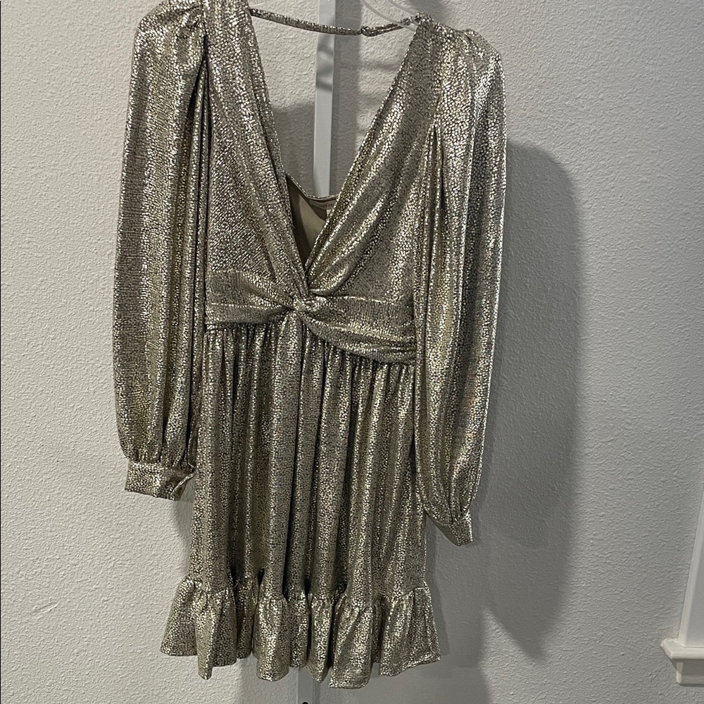 Skies Are Blue Silver/Gold Metallic Twist-Front Long-Sleeve Mini Dress